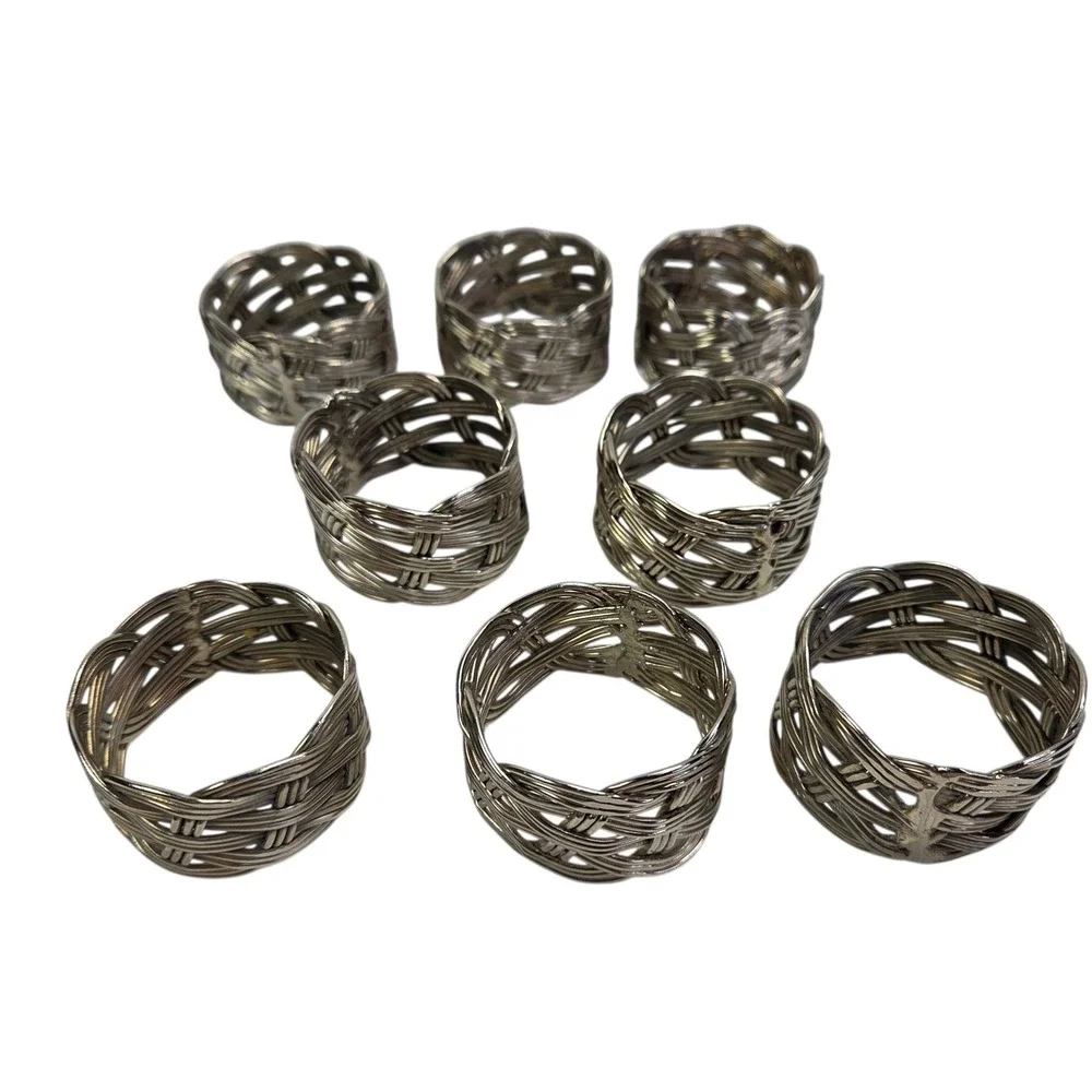Napkin Rings Set of 8‎ Metal Woven Braided Holders Silver Tone Dinner Luncheon